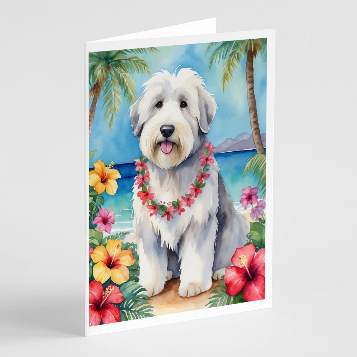 DAC6484GCA7P 5 x 7 in. Old English Sheepdog Luau Greeting Cards - Pack of 8
