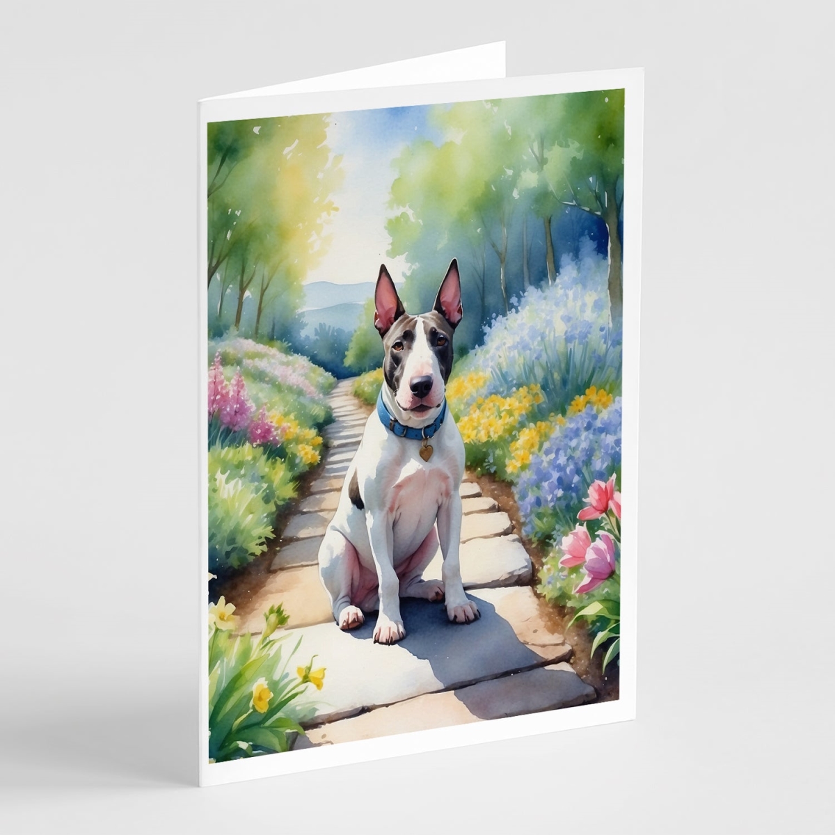 DAC6587GCA7P 5 x 7 in. Bull Terrier Spring Path Greeting Cards - Pack of 8