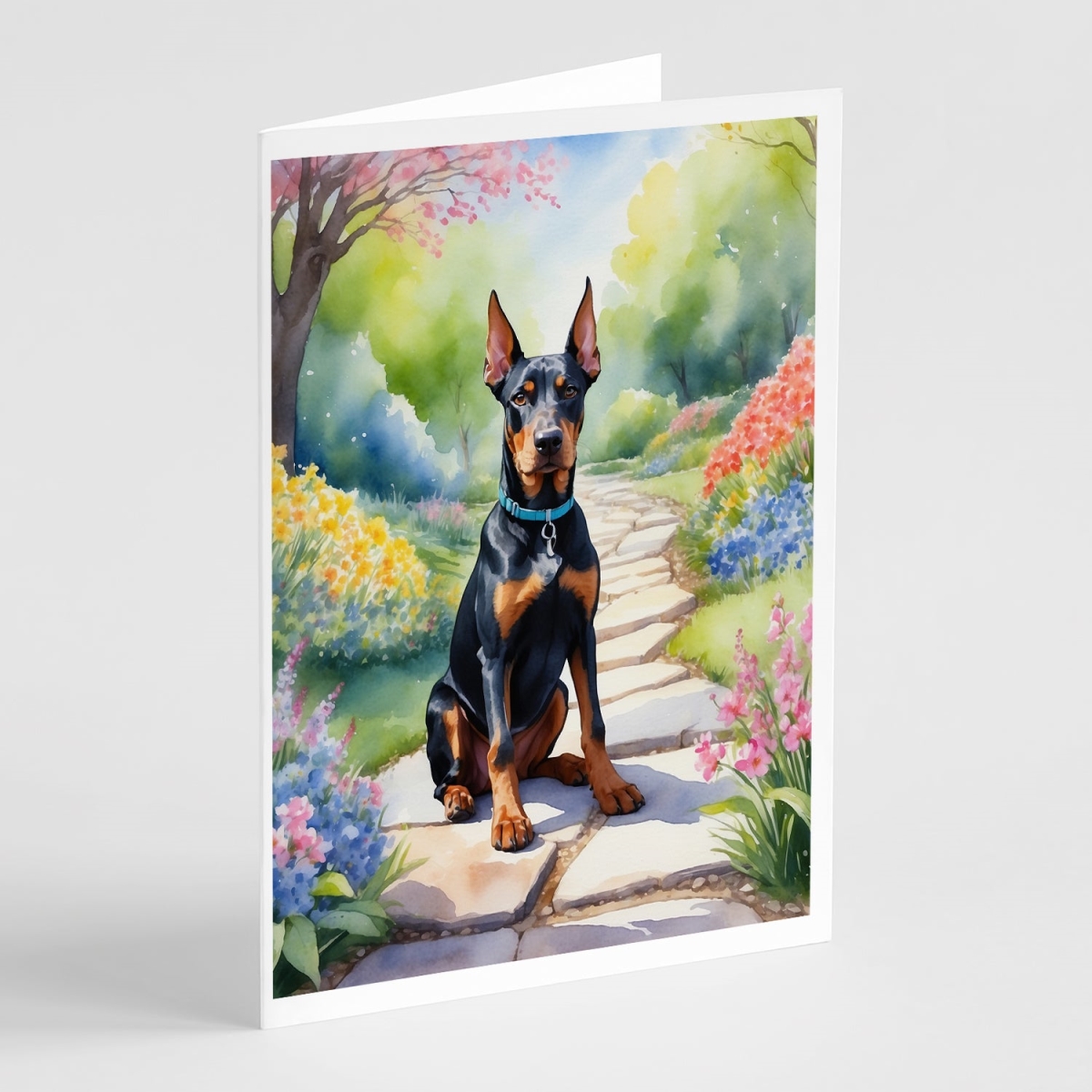 DAC6617GCA7P 5 x 7 in. Doberman Pinscher Spring Path Greeting Cards - Pack of 8