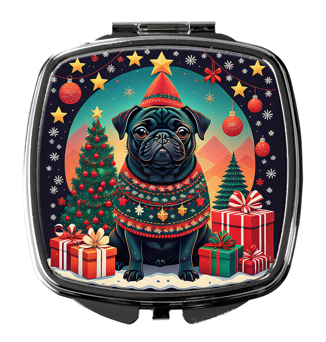 DAC1147SCM 3 x 2.75 in. Black Pug Christmas Compact Mirror