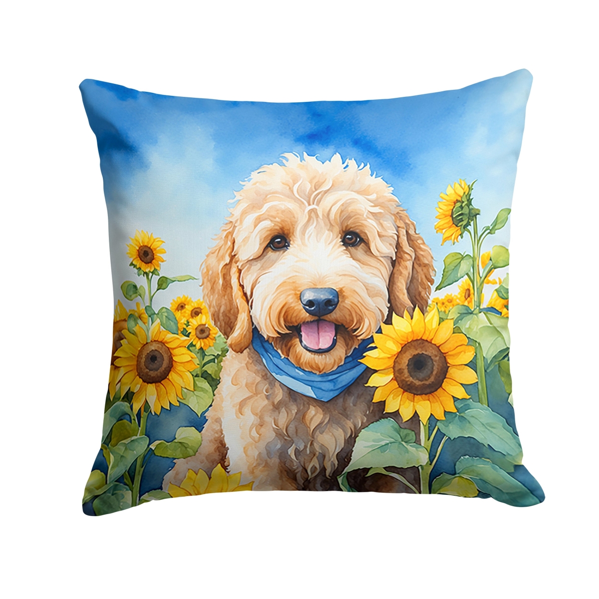 14 x 14 in. Goldendoodle in Sunflowers Throw Pillow