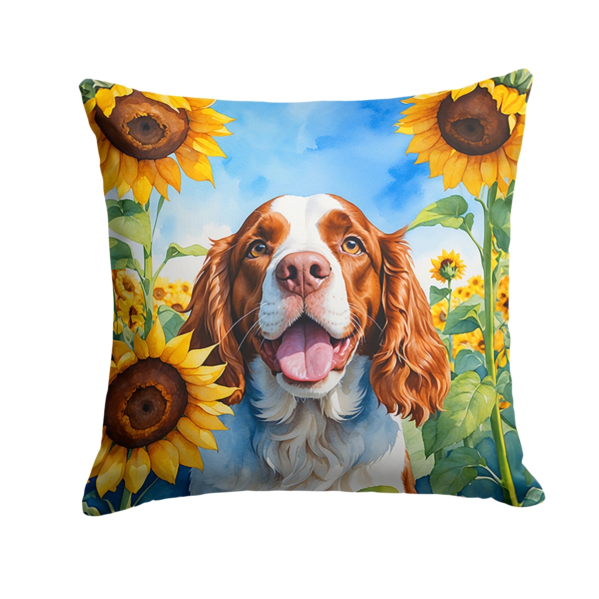 18 x 18 in. Welsh Springer Spaniel in Sunflowers Throw Pillow