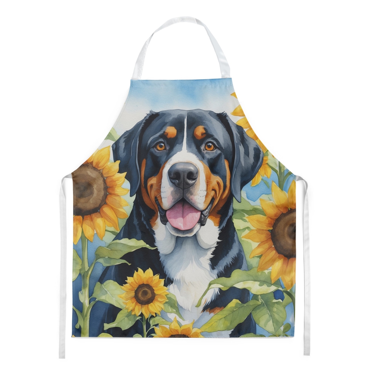 Picture of Carolines Treasures DAC6094APRON 30 x 27 in. Greater Swiss Mountain Dog in Sunflowers Apron