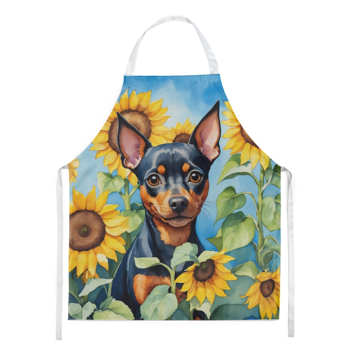 Picture of Carolines Treasures DAC6121APRON 30 x 27 in. Miniature Pinscher in Sunflowers Apron