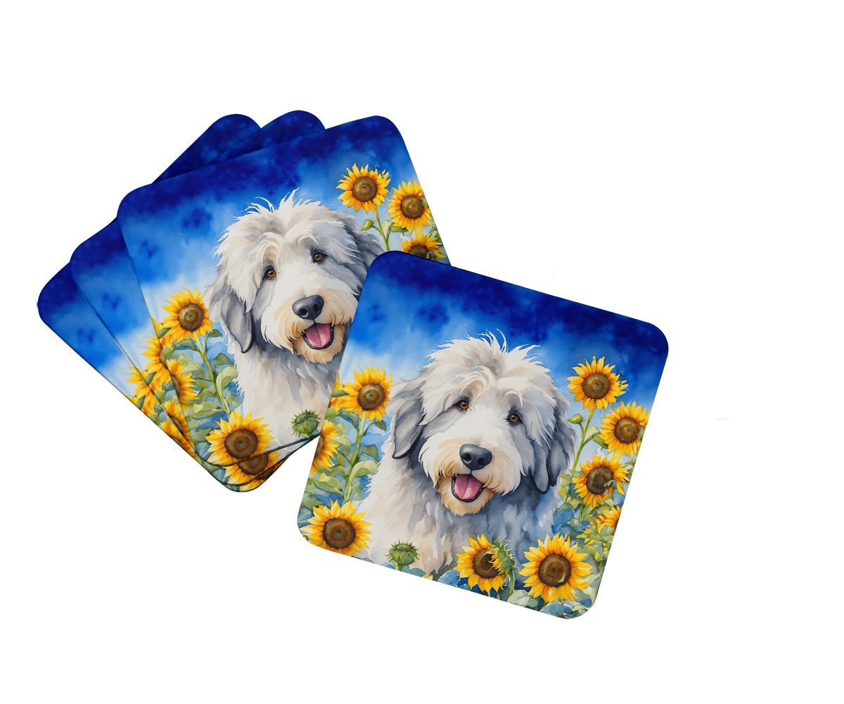 3.5 x 3.5 in. Old English Sheepdog in Sunflowers Foam Coasters - Set of 4