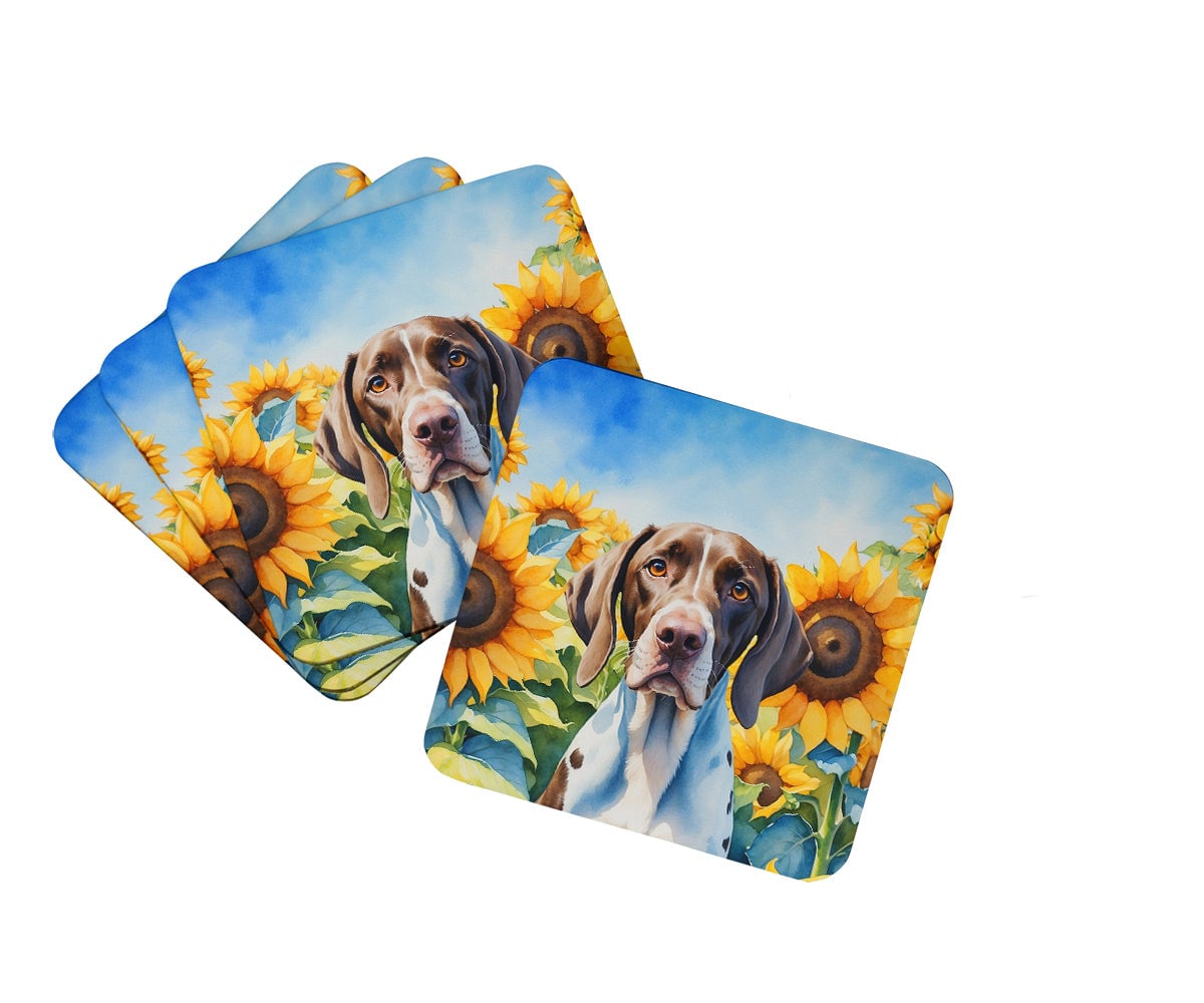 3.5 x 3.5 in. Pointer in Sunflowers Foam Coasters - Set of 4