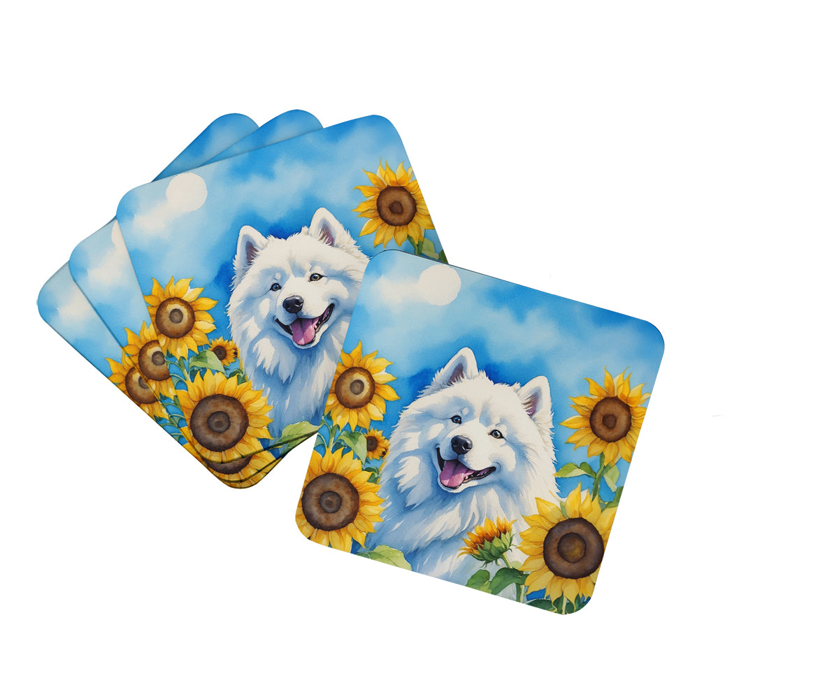 3.5 x 3.5 in. Samoyed in Sunflowers Foam Coasters - Set of 4