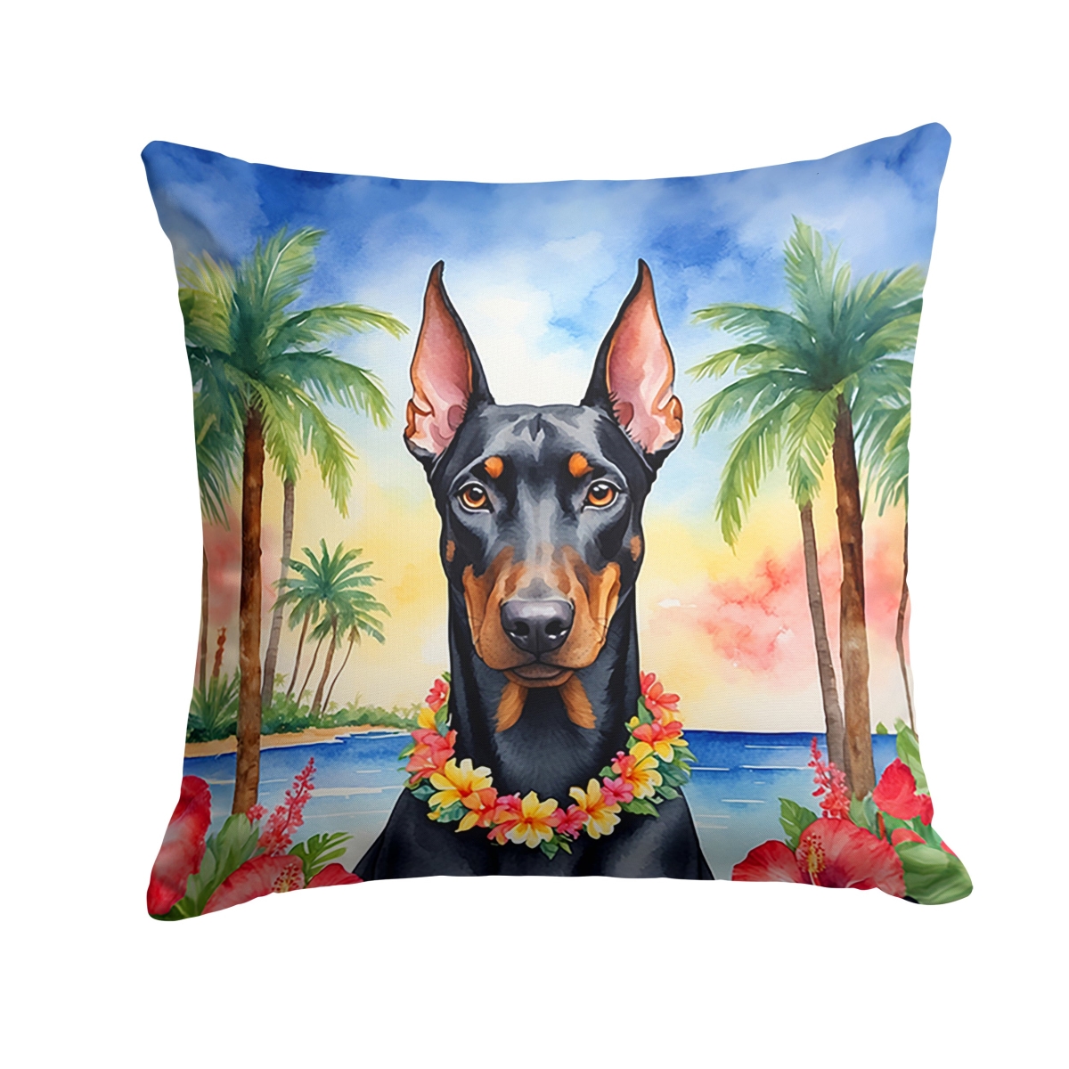 14 x 14 in. Doberman Pinscher Luau Throw Pillow