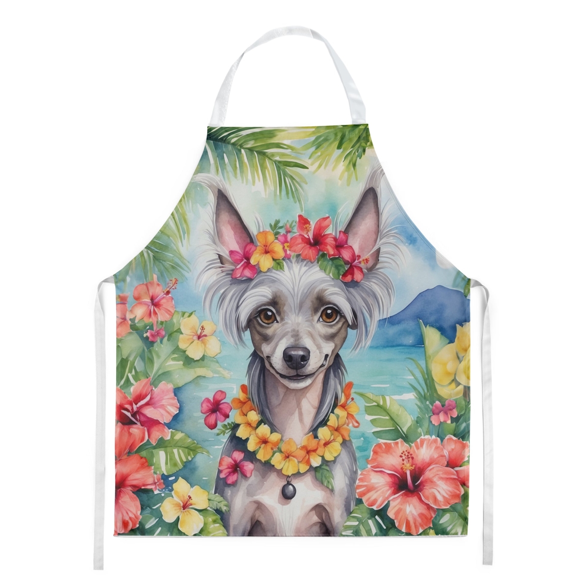Picture of Carolines Treasures DAC6406APRON 30 x 27 in. Chinese Crested Luau Apron