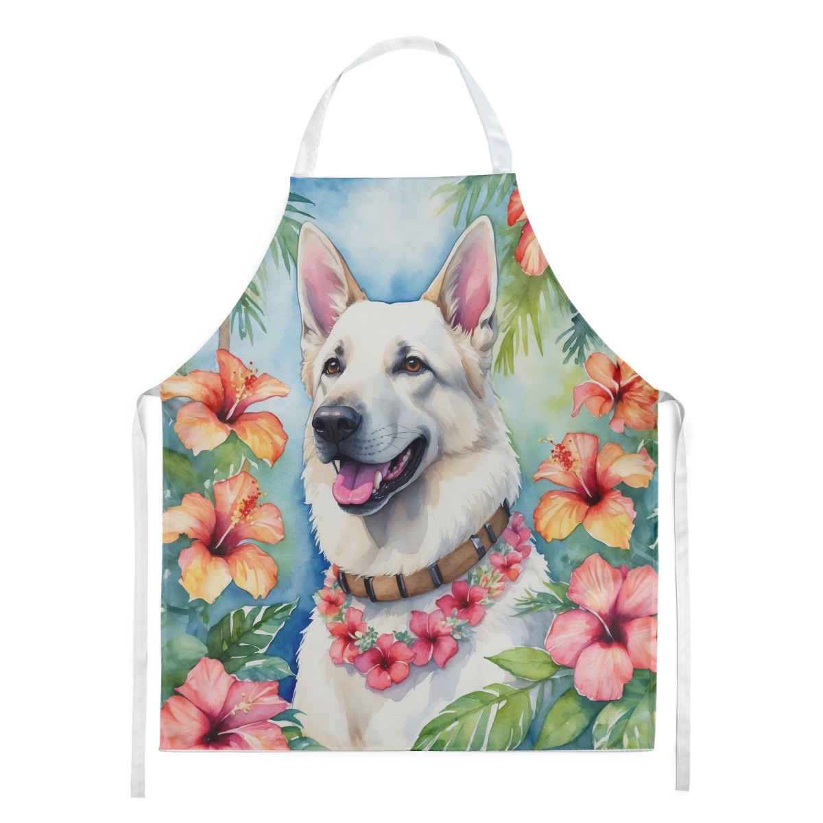 Picture of Carolines Treasures DAC6438APRON 30 x 27 in. White German Shepherd Luau Apron