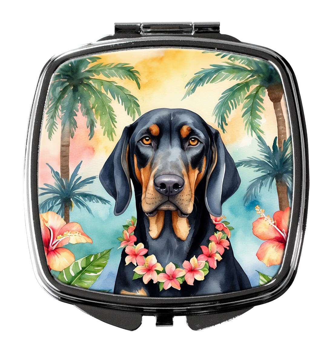 3 x 2.75 in. Black & Tan Coonhound Luau Compact Mirror