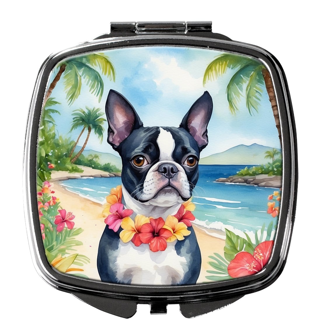 3 x 2.75 in. Boston Terrier Luau Compact Mirror