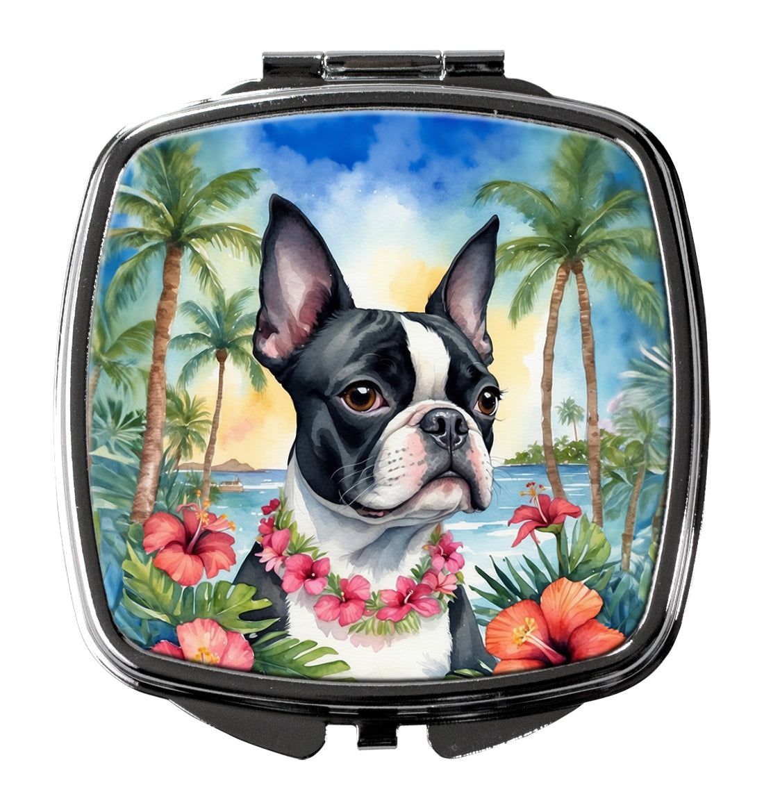 3 x 2.75 in. Boston Terrier Luau Compact Mirror