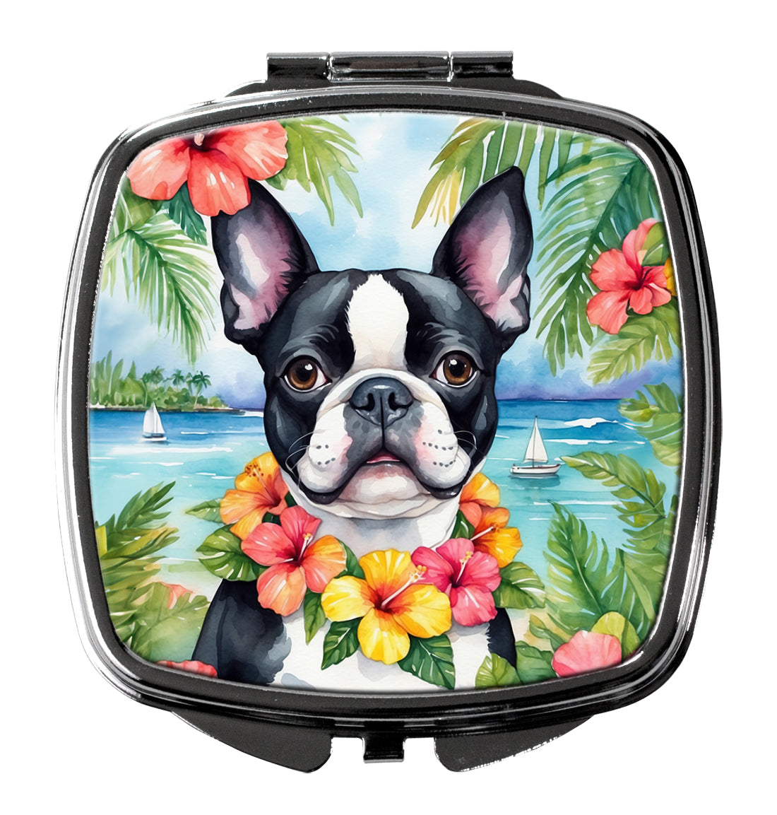 3 x 2.75 in. Boston Terrier Luau Compact Mirror