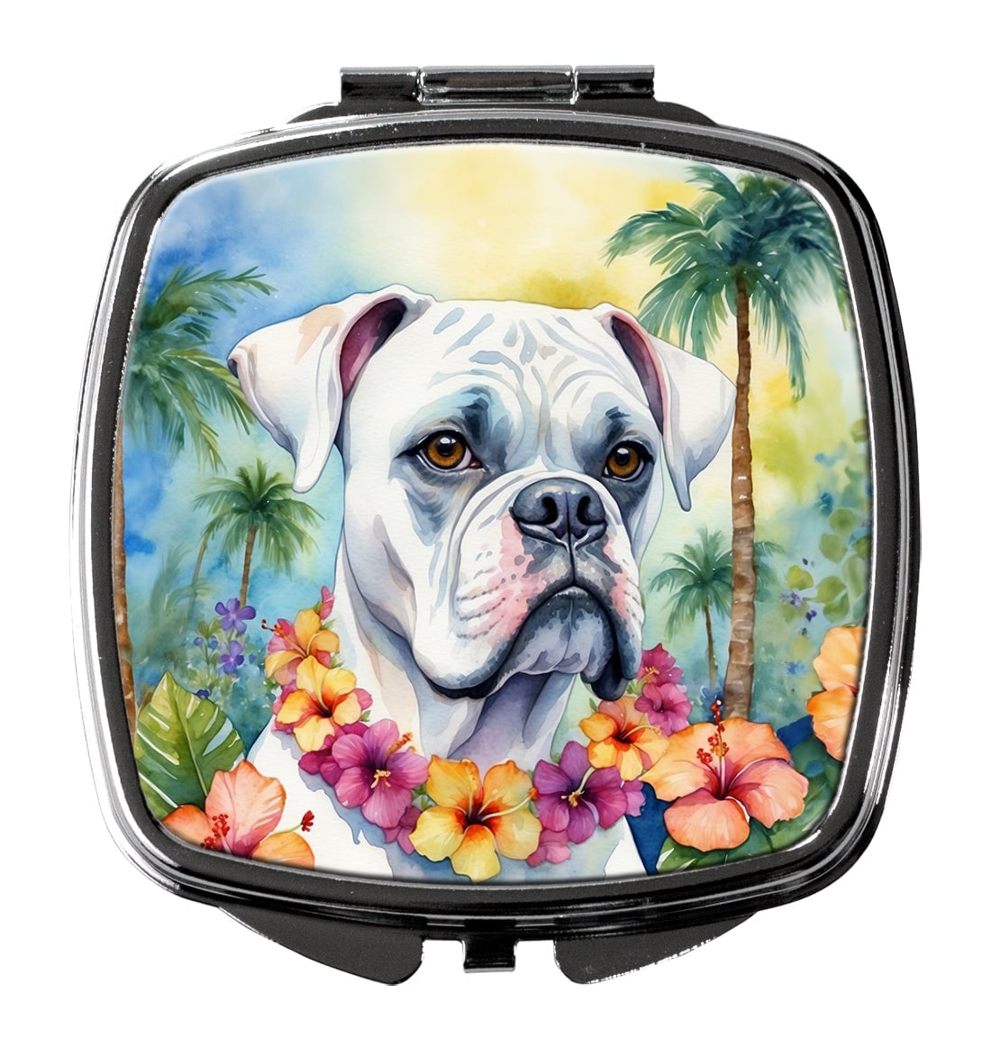 3 x 2.75 in. White Boxer Luau Compact Mirror