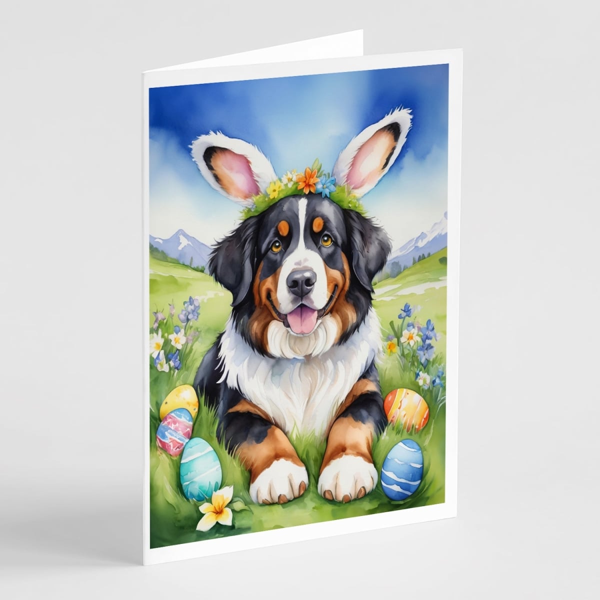 DAC4953GCA7P 5 x 7 in. Bernese Mountain Dog Easter Egg Hunt Greeting Cards - Pack of 8