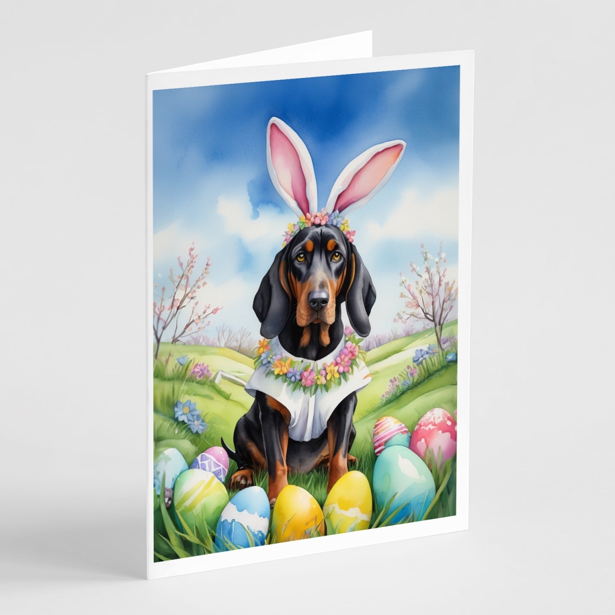 5 x 7 in. Black & Tan Coonhound Easter Egg Hunt Greeting Cards - Pack of 8