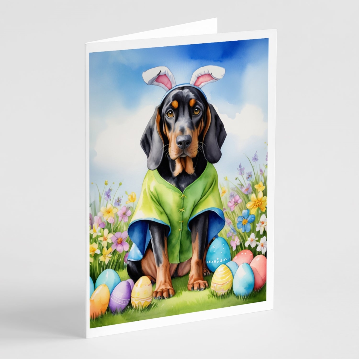 5 x 7 in. Black & Tan Coonhound Easter Egg Hunt Greeting Cards - Pack of 8