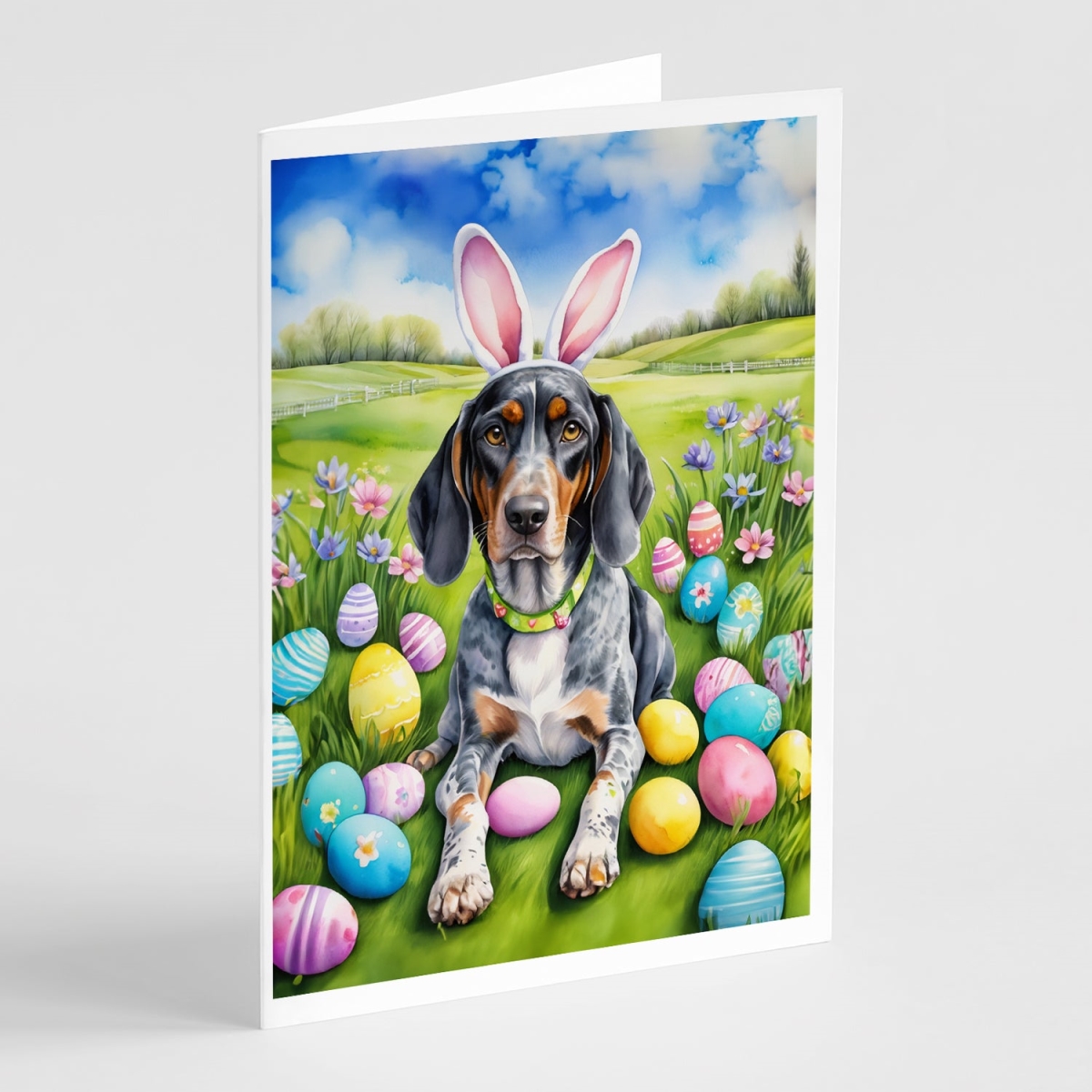 DAC4959GCA7P 5 x 7 in. Bluetick Coonhound Easter Egg Hunt Greeting Cards - Pack of 8