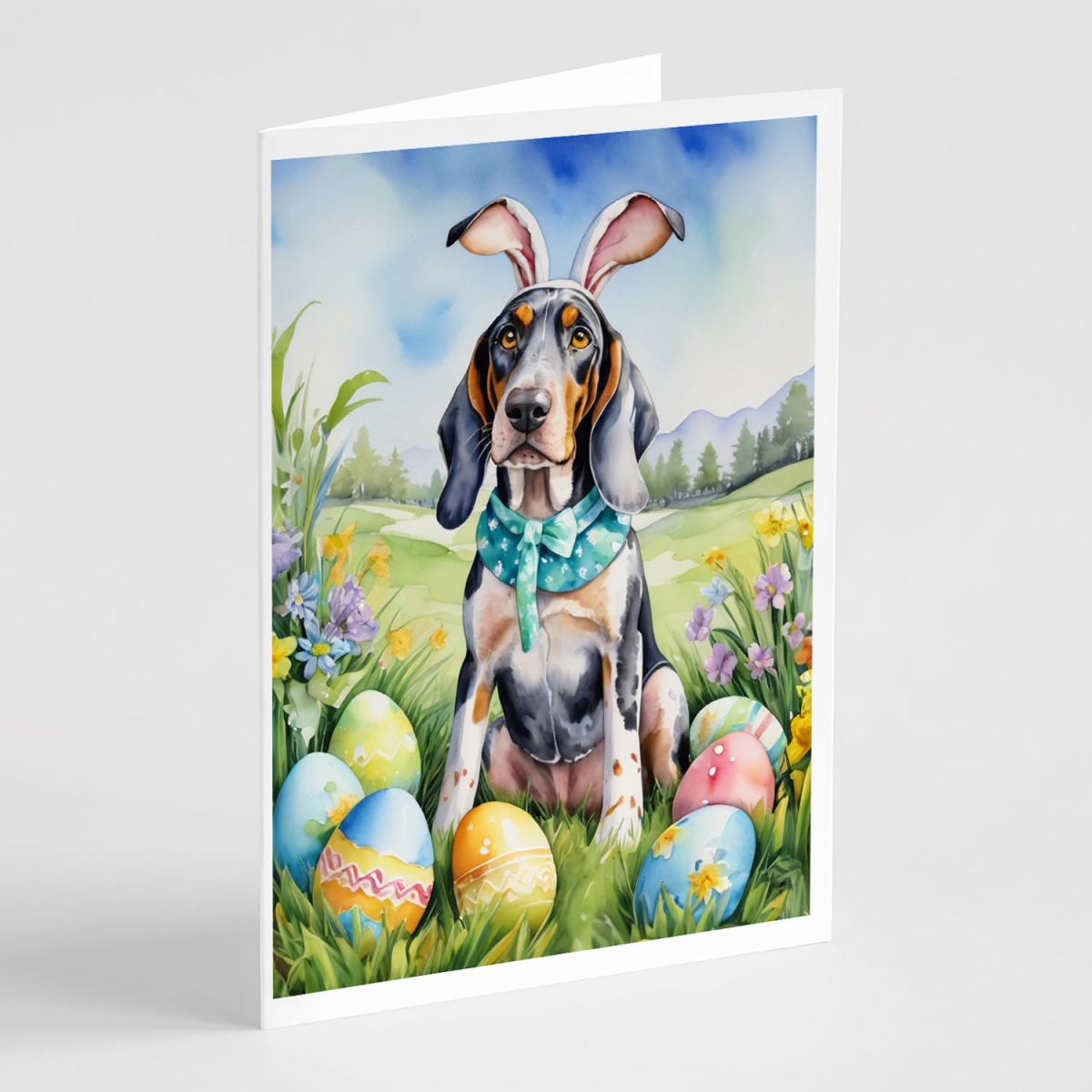 DAC4960GCA7P 5 x 7 in. Bluetick Coonhound Easter Egg Hunt Greeting Cards - Pack of 8