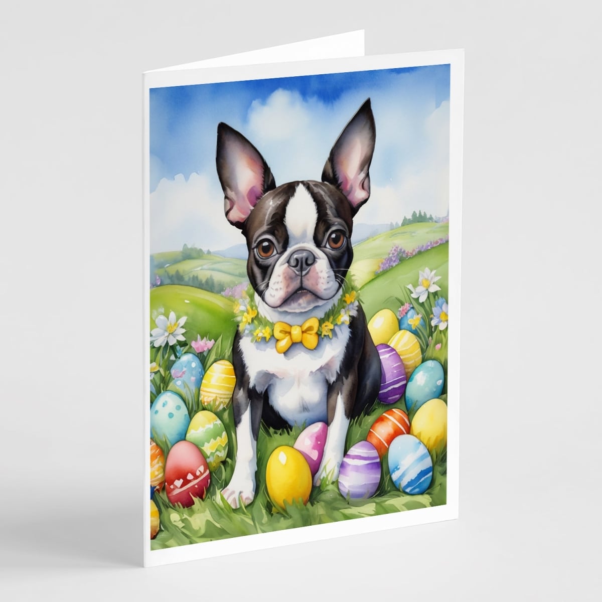 5 x 7 in. Boston Terrier Easter Egg Hunt Greeting Cards - Pack of 8