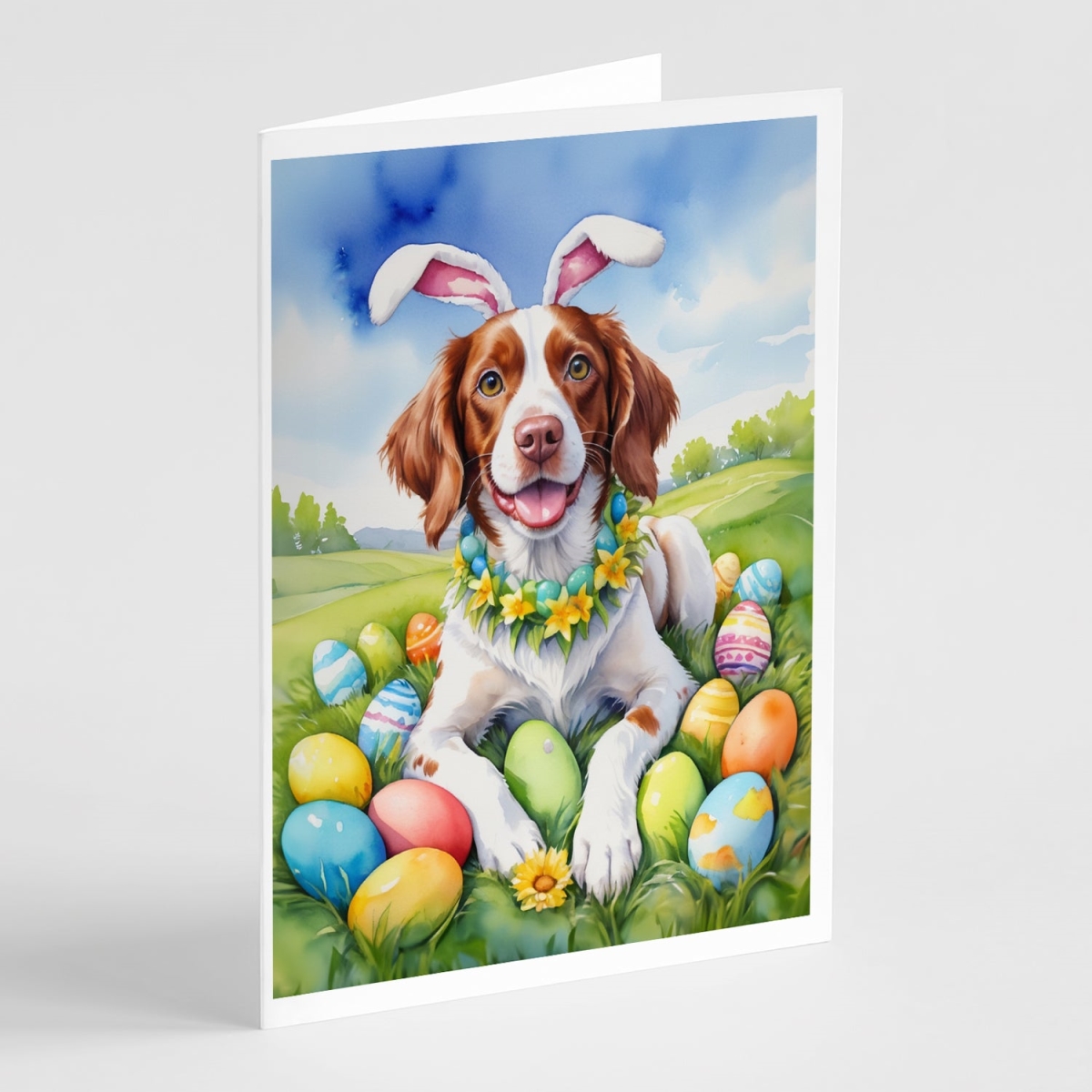 5 x 7 in. Brittany Spaniel Easter Egg Hunt Greeting Cards - Pack of 8