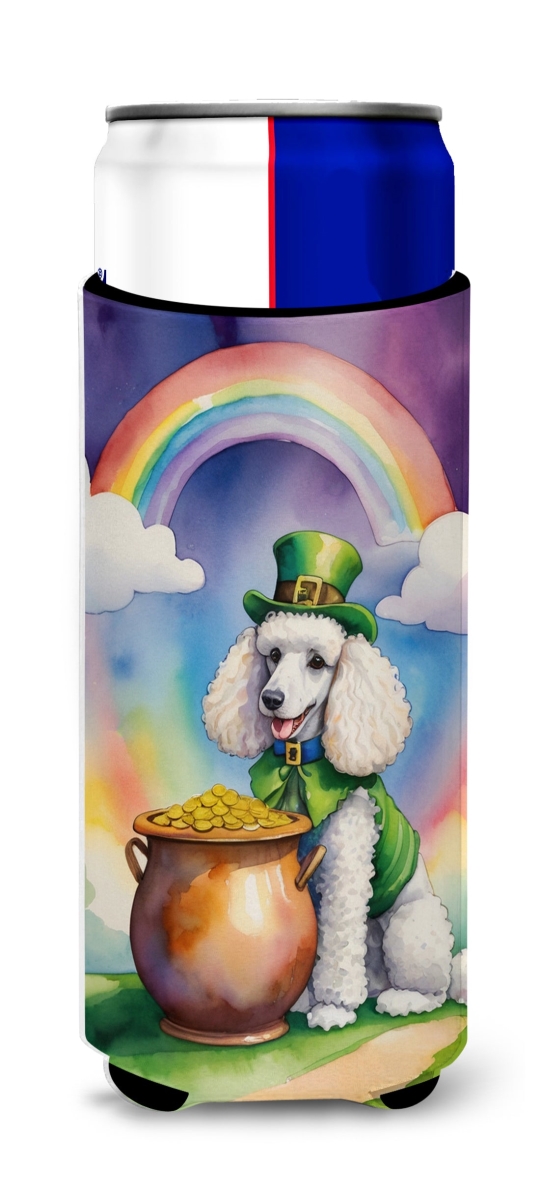 12 oz White Poodle St Patricks Day Hugger for Ultra Slim Cans