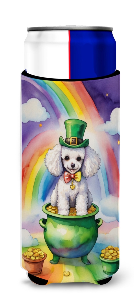 12 oz White Poodle St Patricks Day Hugger for Ultra Slim Cans