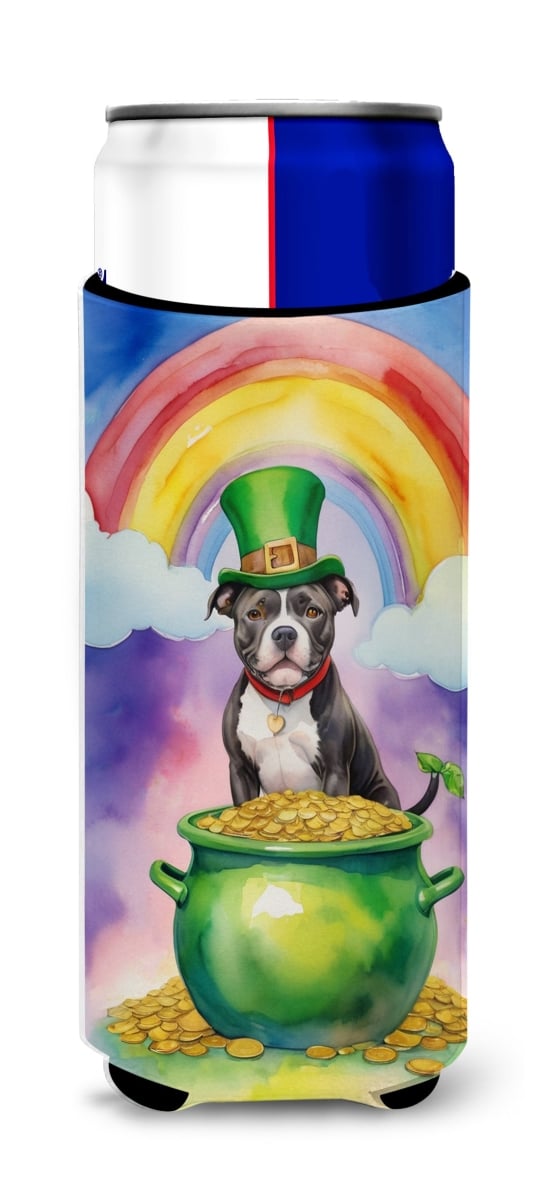 Picture of Carolines Treasures DAC5617MUK 12 oz Staffordshire Bull Terrier St Patricks Day Hugger for Ultra Slim Cans
