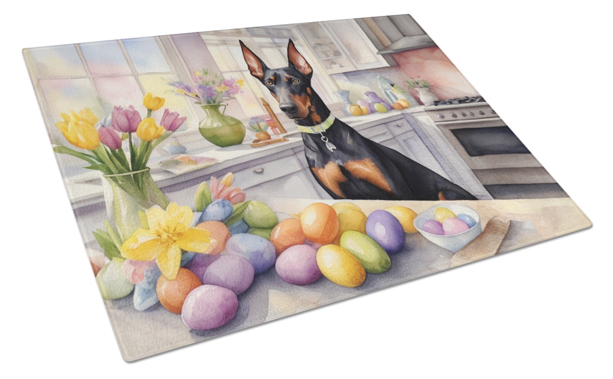 15 x 12 in. Decorating Easter Doberman Pinscher Glass Cutting Board