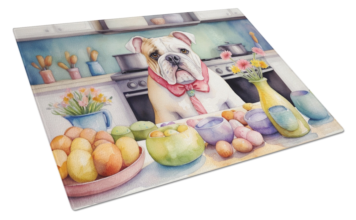 15 x 12 in. Decorating Easter English Bulldog Glass Cutting Board