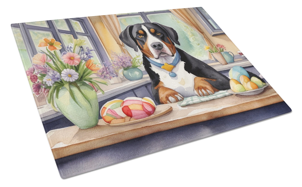 DAC6830LCB 15 x 12 in. Decorating Easter Greater Swiss Mountain Dog Glass Cutting Board