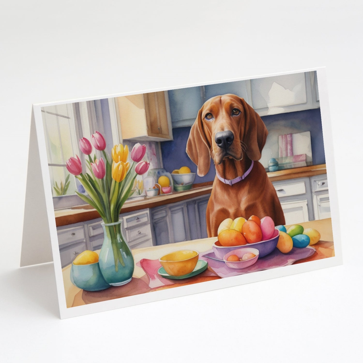 5 x 7 in. Decorating Easter Redbone Coonhound Greeting Cards - Pack of 8