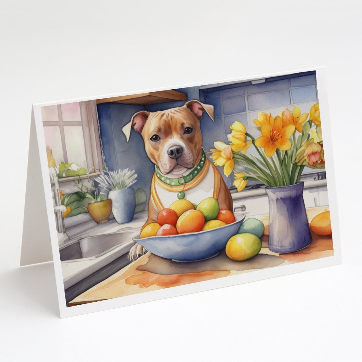 DAC6907GCA7P 5 x 7 in. Decorating Easter Staffordshire Bull Terrier Greeting Cards - Pack of 8