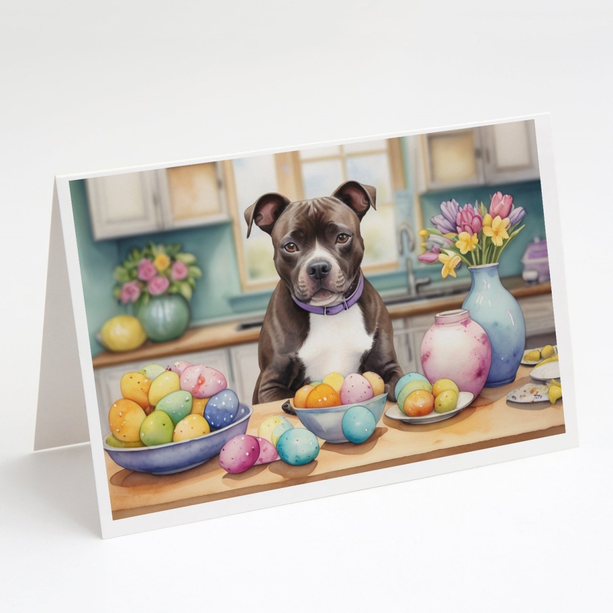 DAC6908GCA7P 5 x 7 in. Decorating Easter Staffordshire Bull Terrier Greeting Cards - Pack of 8