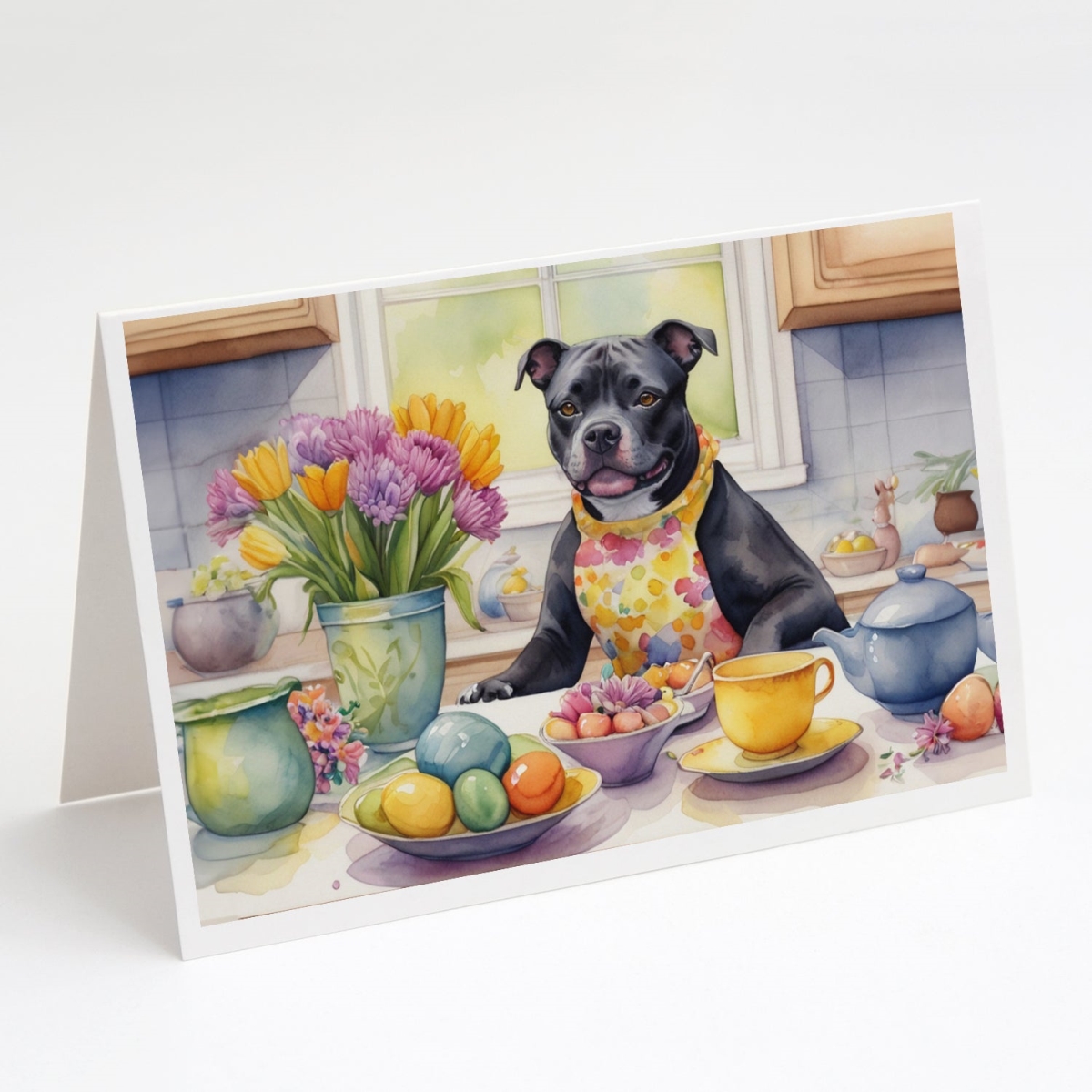 DAC6909GCA7P 5 x 7 in. Decorating Easter Staffordshire Bull Terrier Greeting Cards - Pack of 8