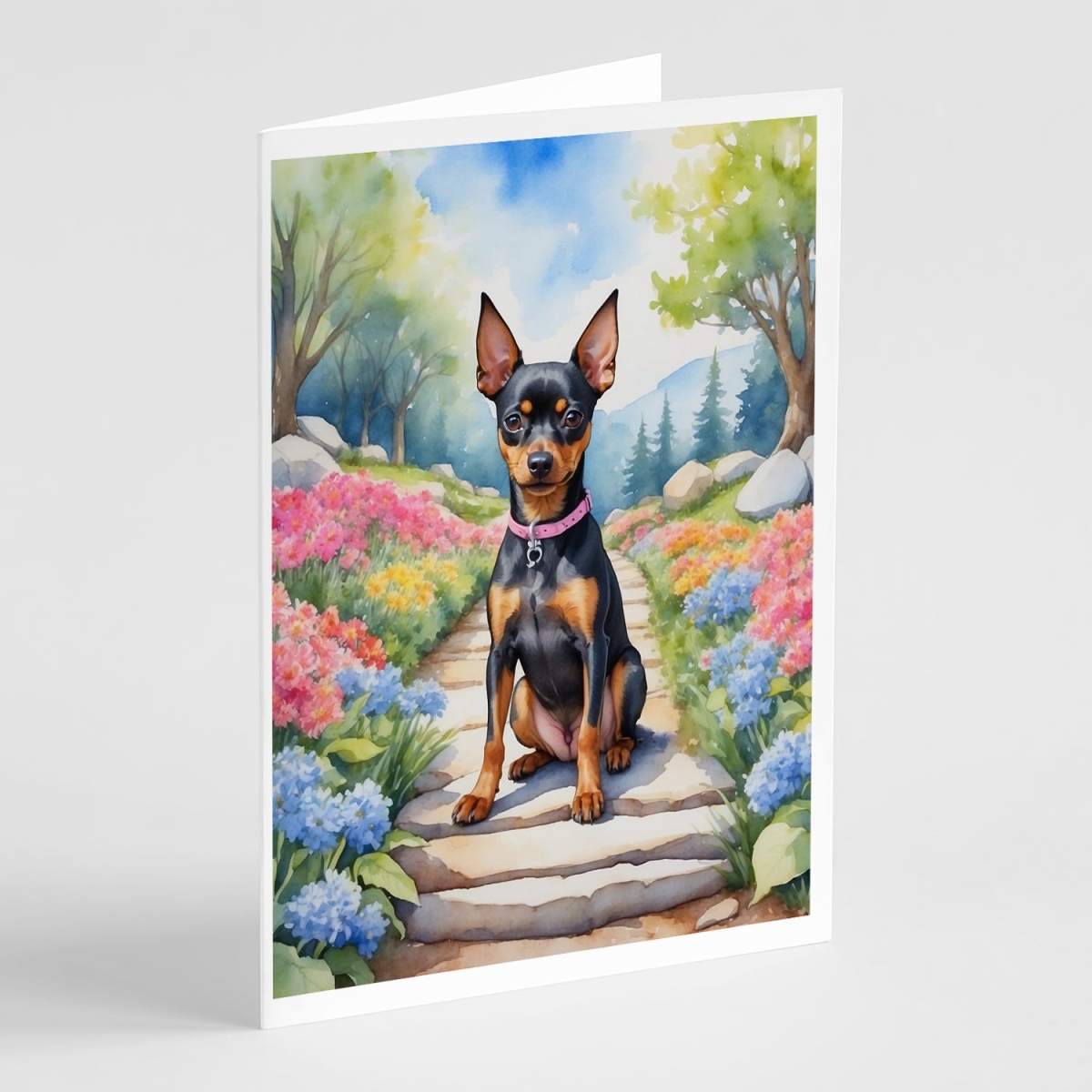 5 x 7 in. Miniature Pinscher Spring Path Greeting Cards - Pack of 8