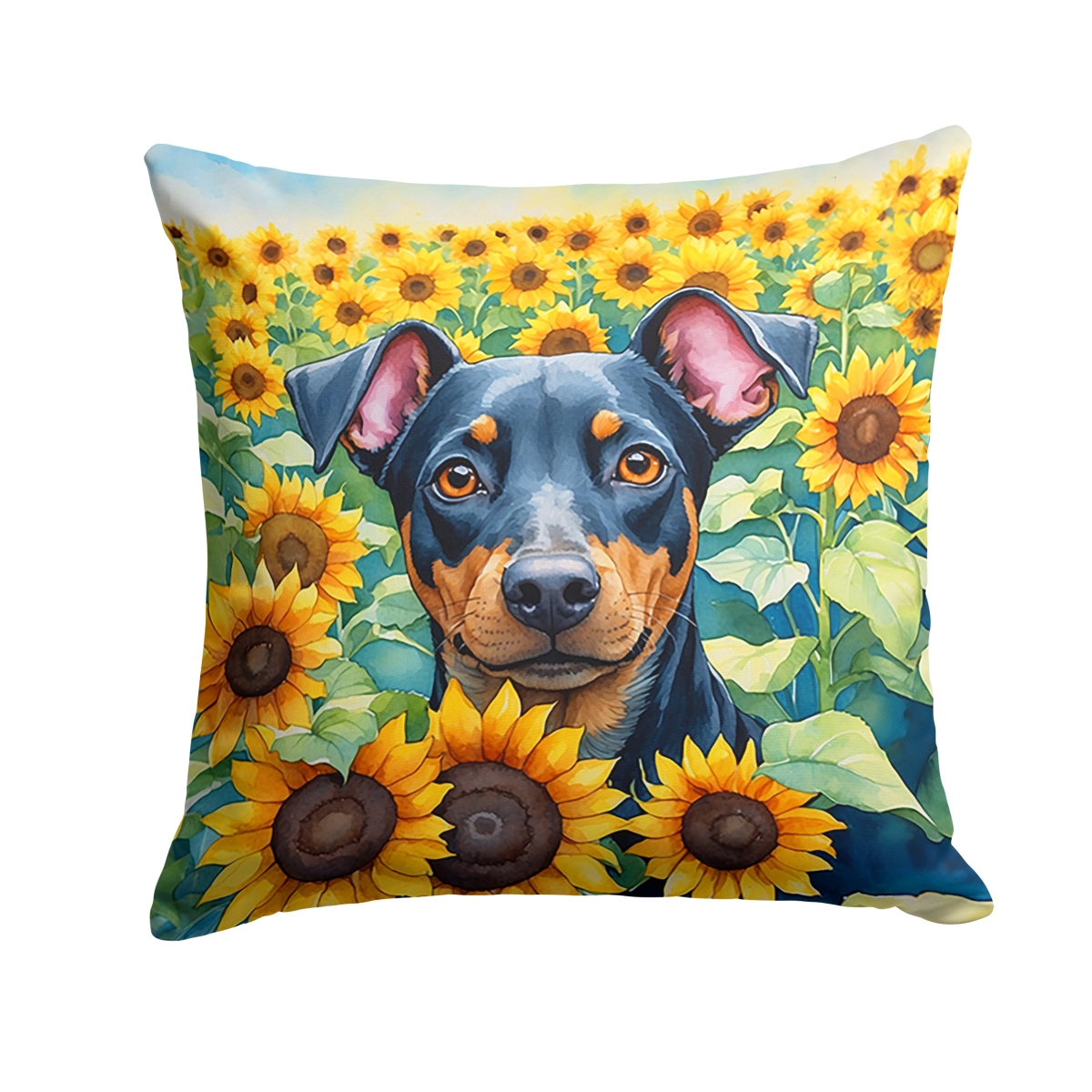 14 x 14 in. Manchester Terrier in Sunflowers Throw Pillow