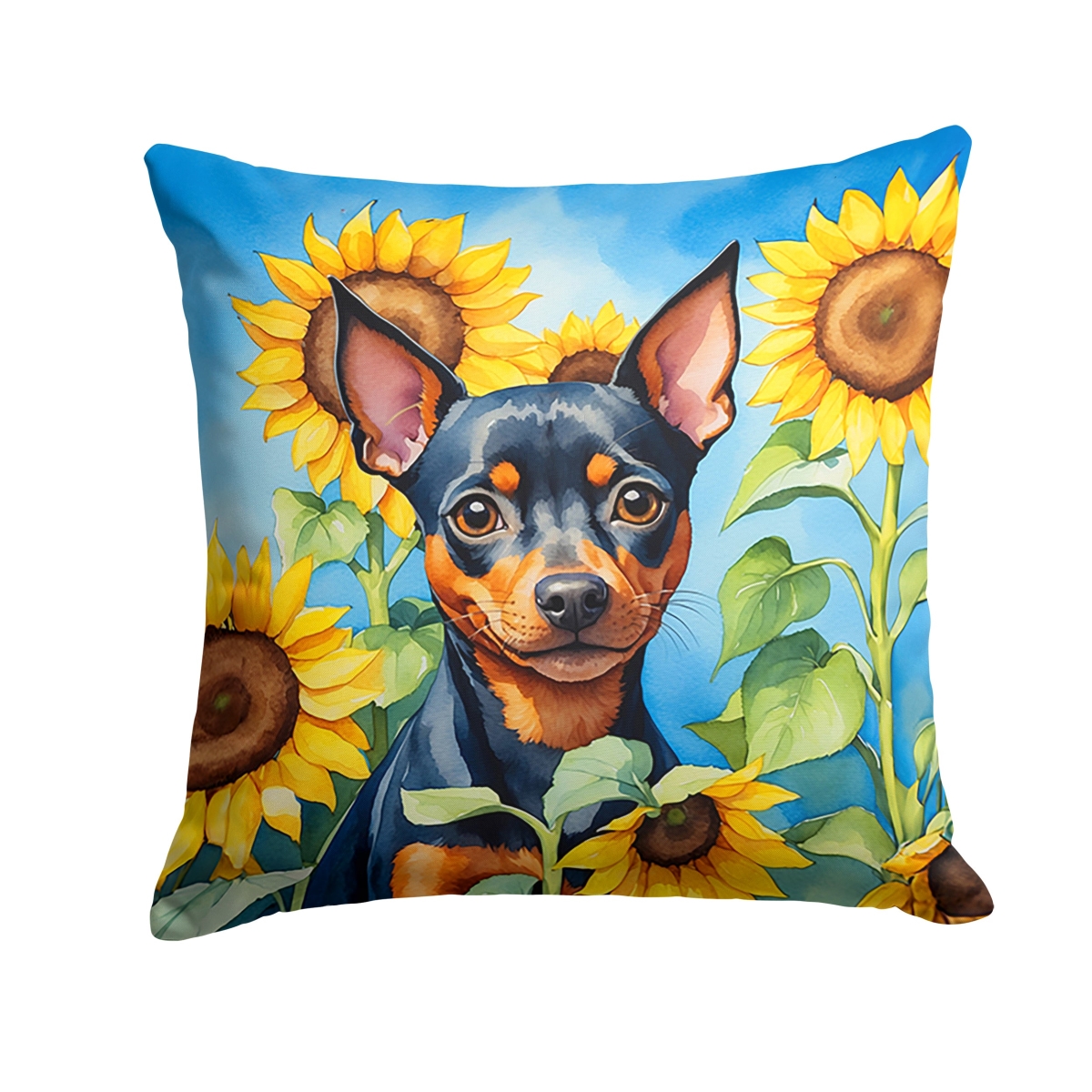 14 x 14 in. Miniature Pinscher in Sunflowers Throw Pillow