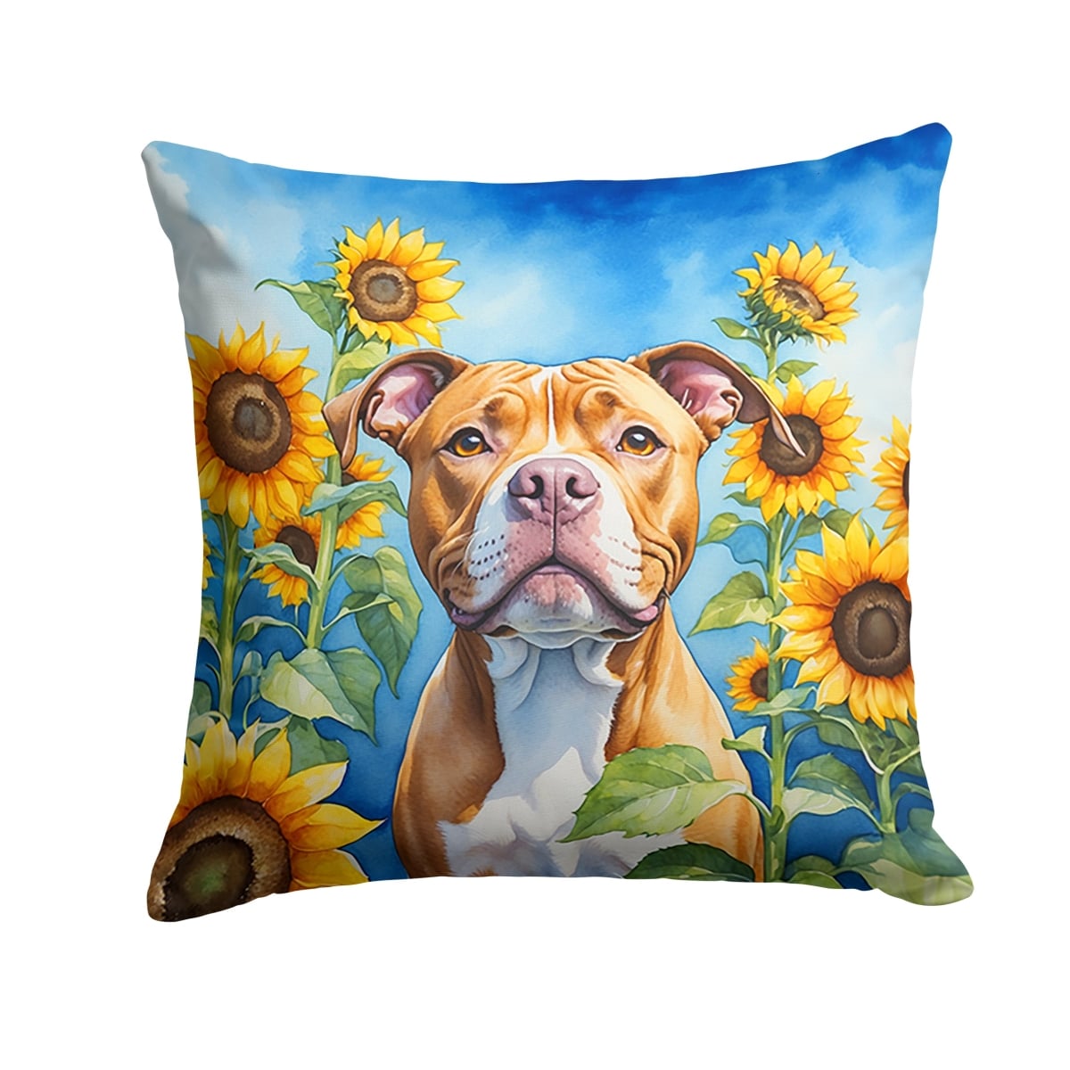 14 x 14 in. Pit Bull Terrier in Sunflowers Throw Pillow