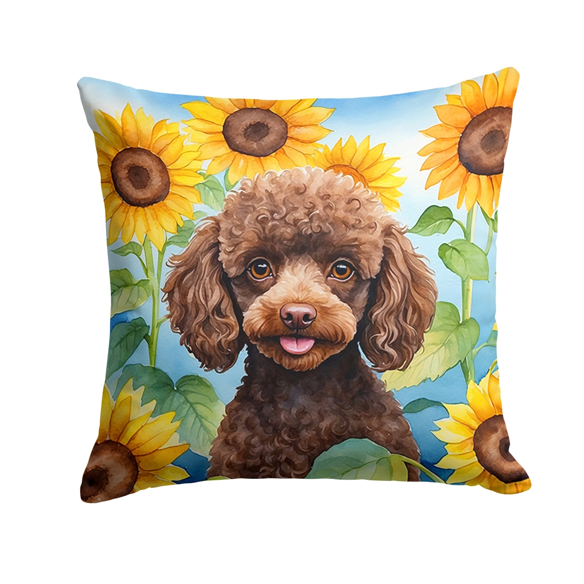 14 x 14 in. Chocolate Poodle in Sunflowers Throw Pillow
