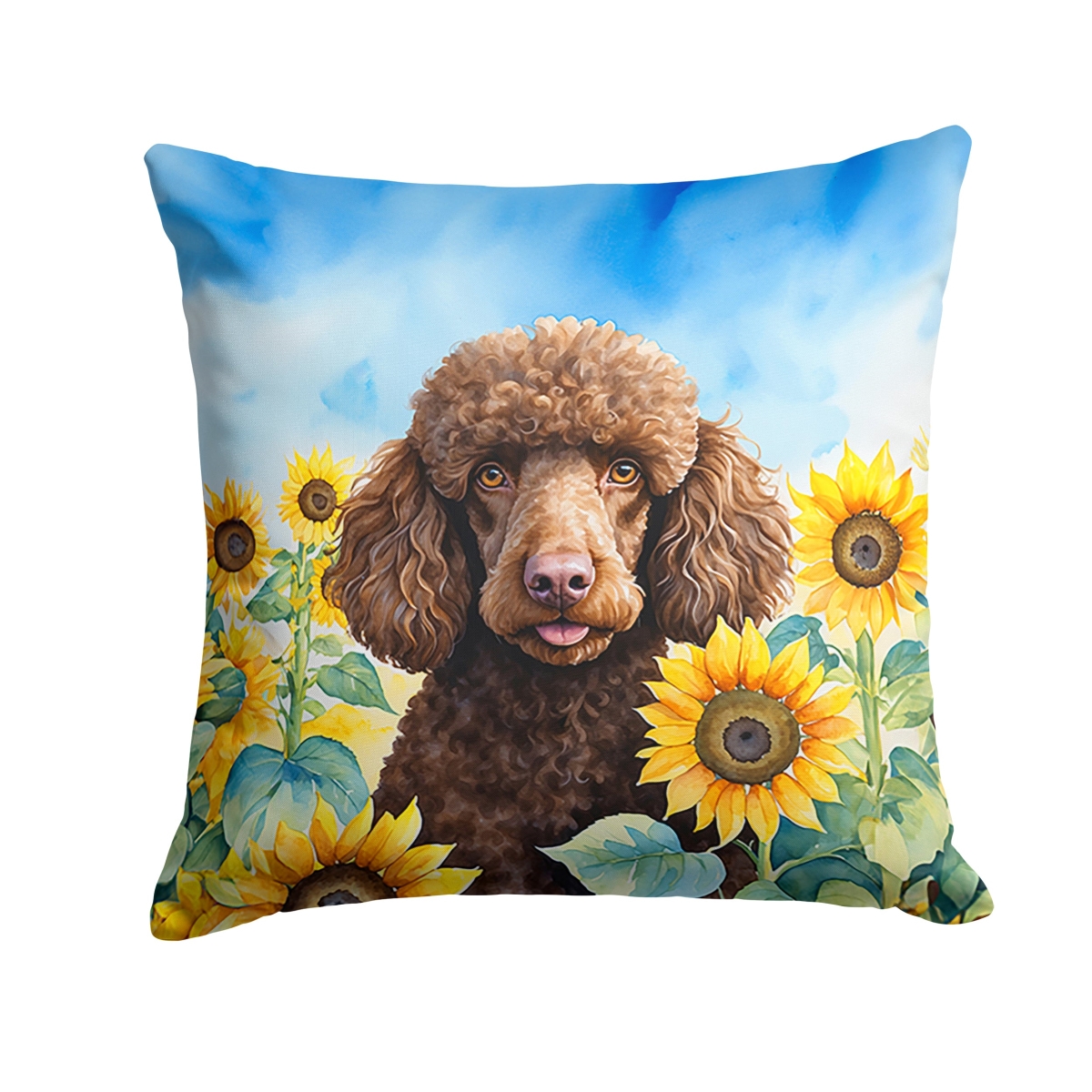 14 x 14 in. Chocolate Poodle in Sunflowers Throw Pillow