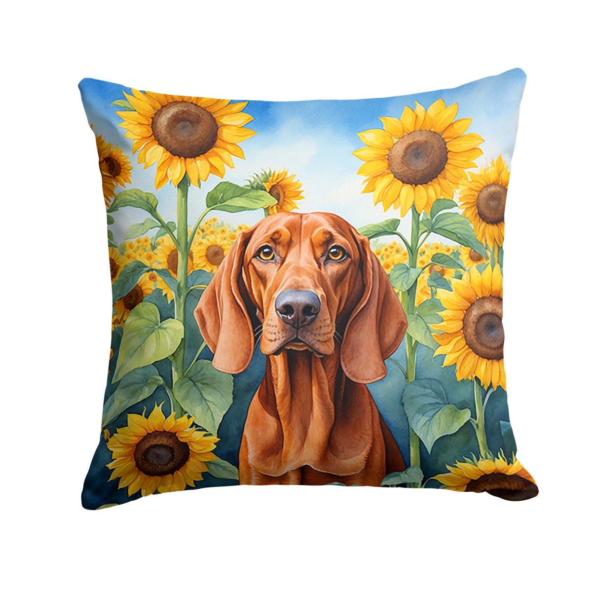 14 x 14 in. Redbone Coonhound in Sunflowers Throw Pillow
