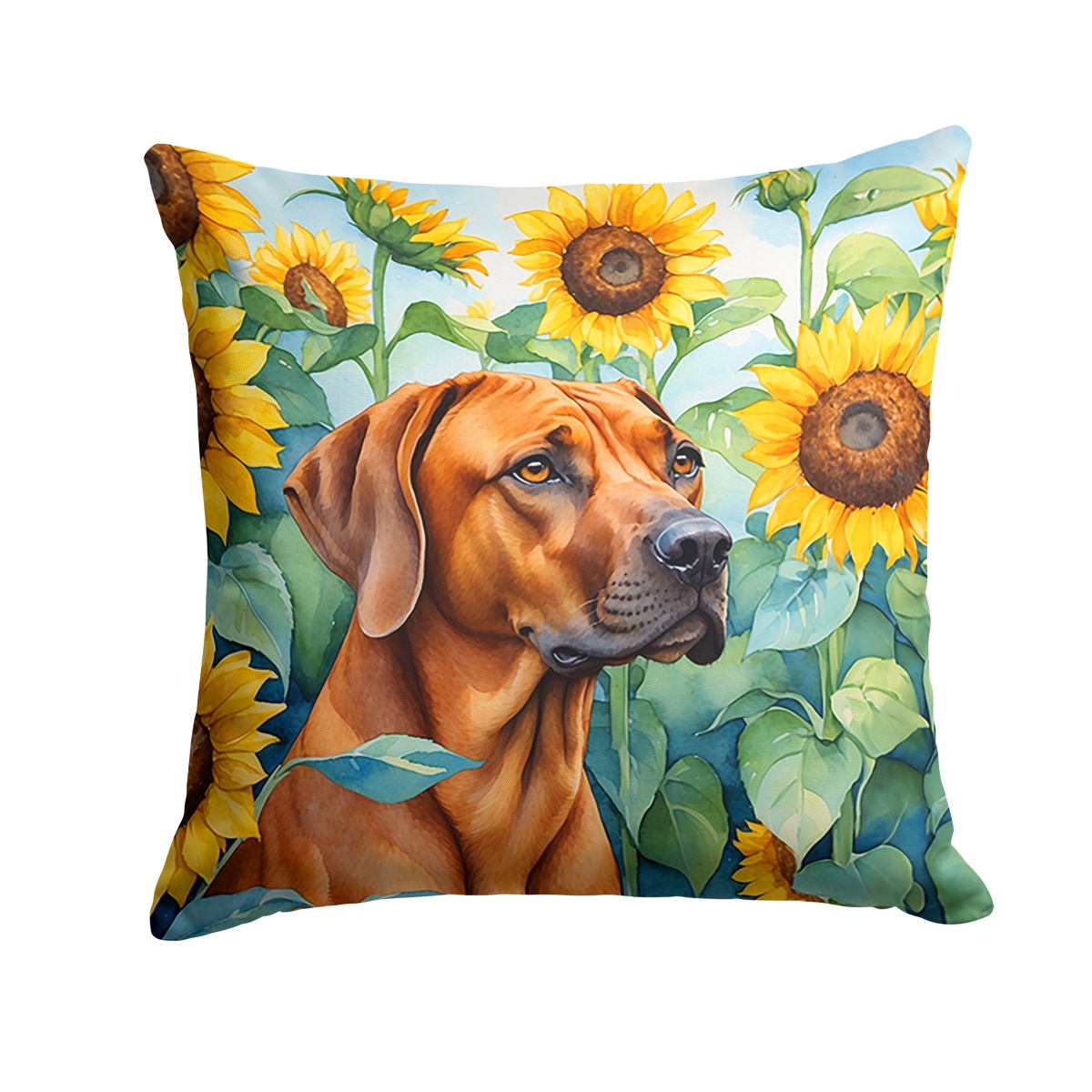 14 x 14 in. Rhodesian Ridgeback in Sunflowers Throw Pillow