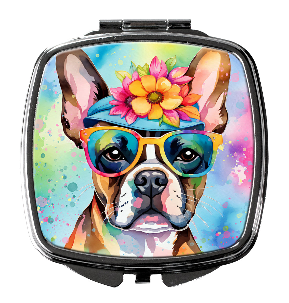 3 x 2.75 in. Boston Terrier Hippie Dawg Compact Mirror