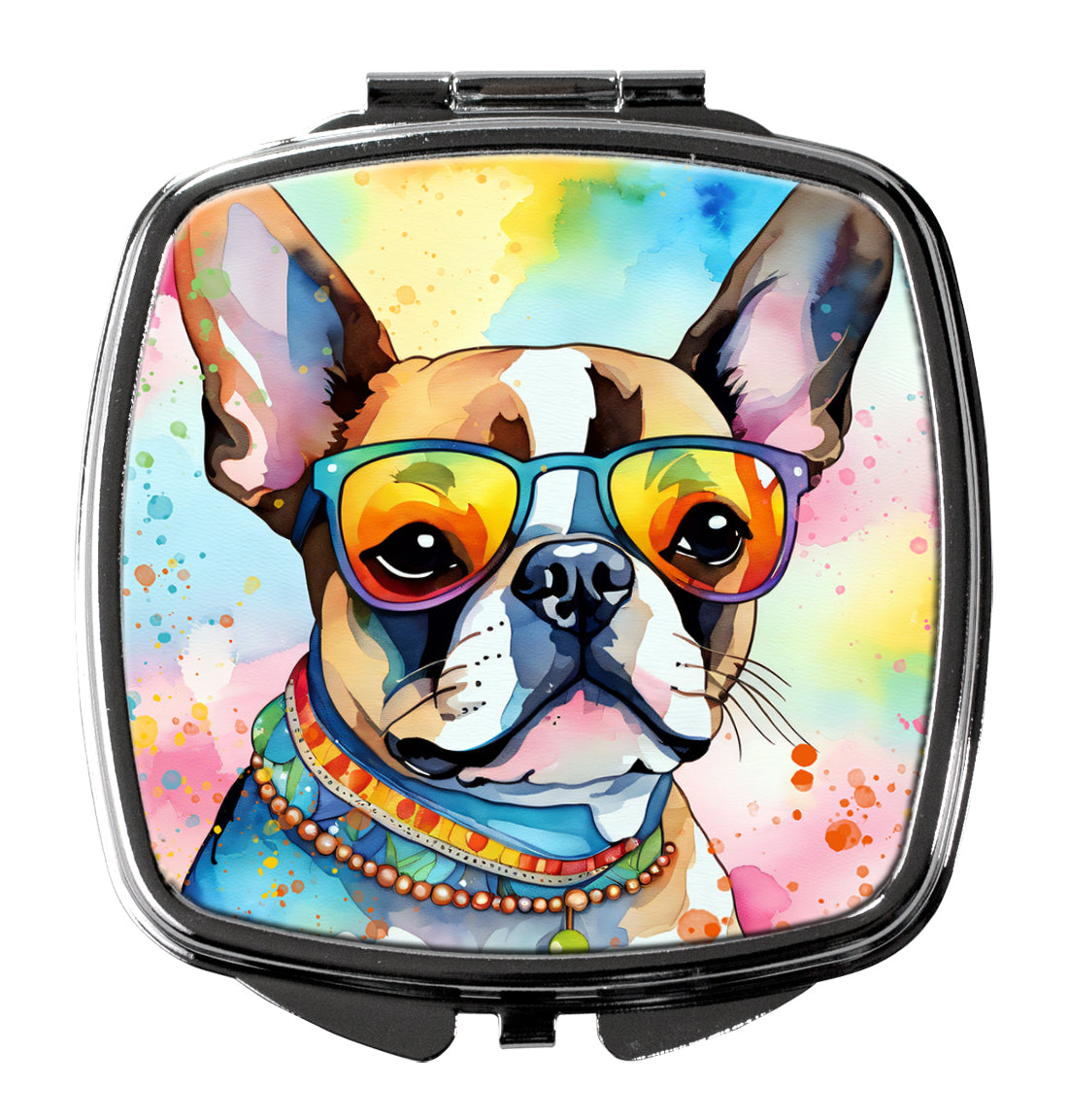 3 x 2.75 in. Boston Terrier Hippie Dawg Compact Mirror