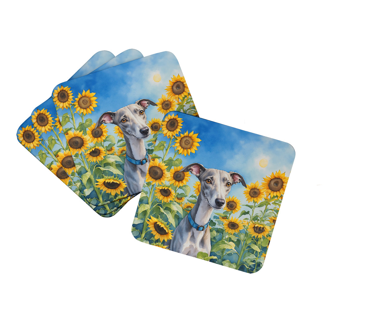 Picture of Carolines Treasures DAC6176FC 3.5 x 3.5 in. Unisex Whippet in Sunflowers Foam Coasters - Set of 4