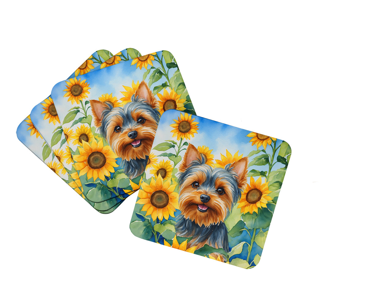 Picture of Carolines Treasures DAC6178FC 3.5 x 3.5 in. Yorkshire Terrier in Sunflowers Foam Coasters - Set of 4