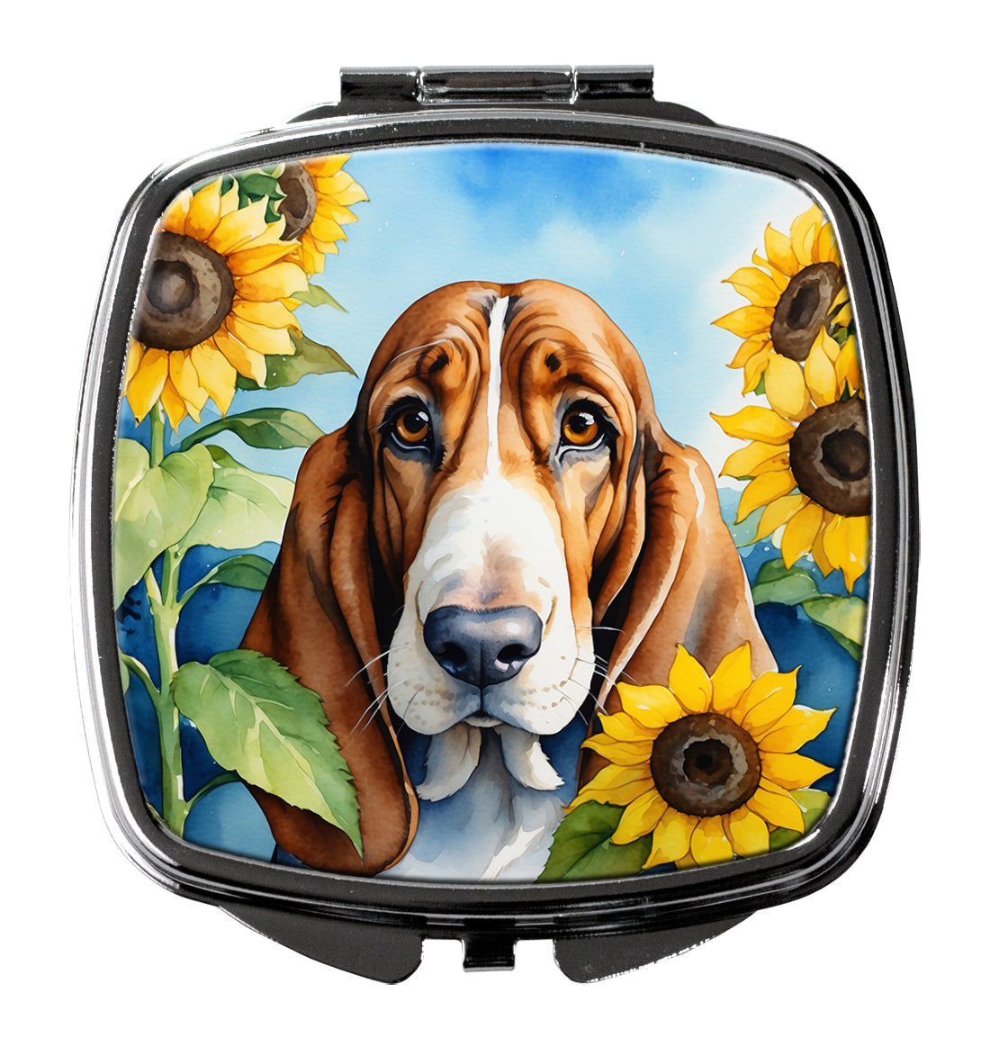 3 x 2.75 in. Basset Hound in Sunflowers Compact Mirror