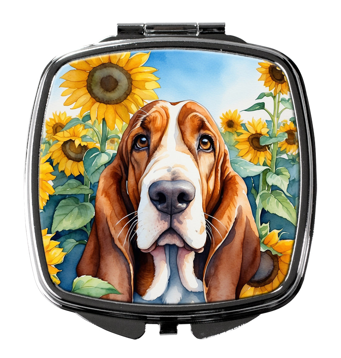 3 x 2.75 in. Basset Hound in Sunflowers Compact Mirror